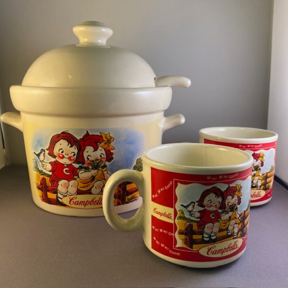 Campbell's Soup Tureen, Ladle, Lid + 2 Mugs Kids Summer and Fall Scenes Vintage